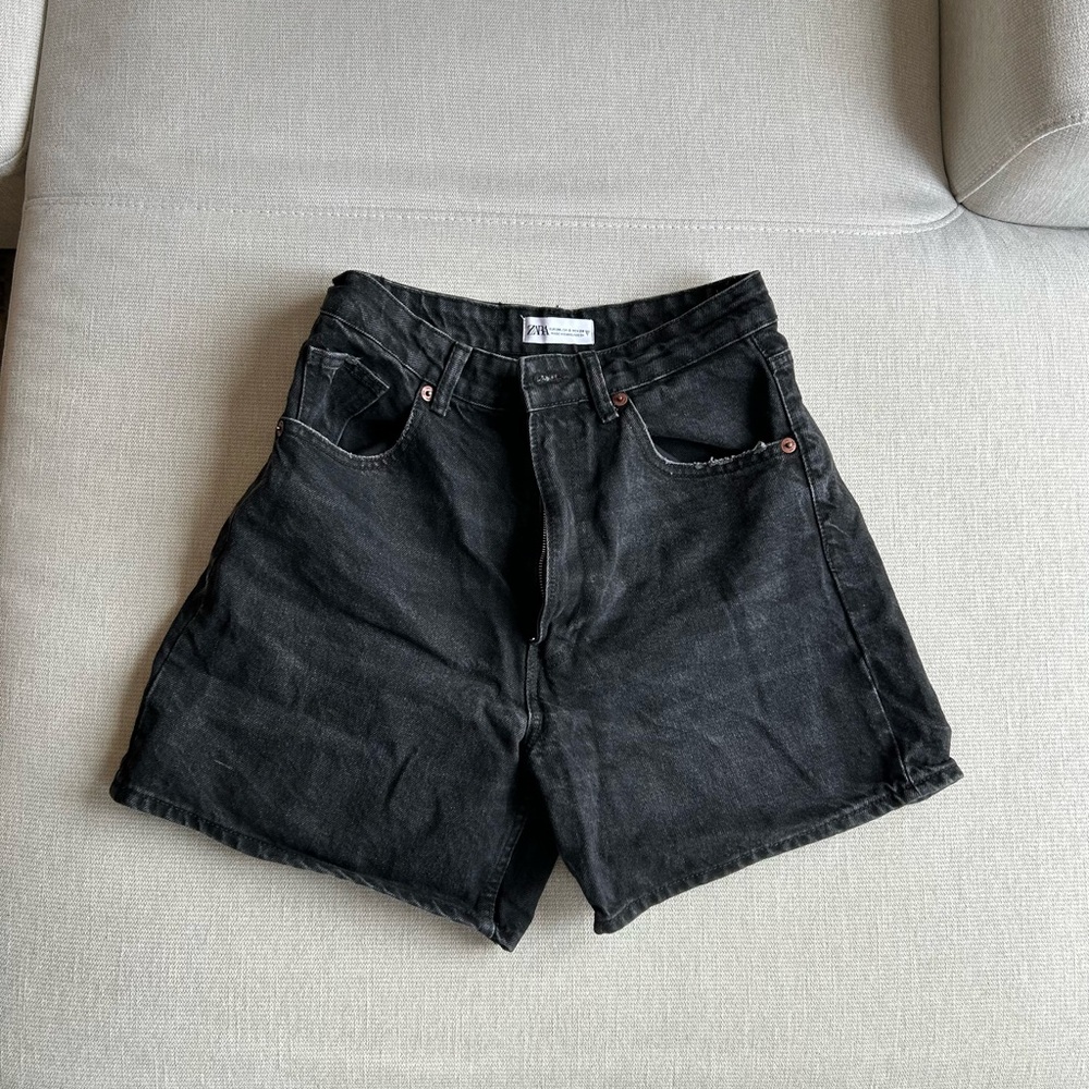 Zara Black Jean Shorts High Rise Cut-Off Style